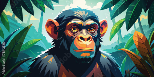 exotic tribal vector illustration of a chimpanzee in rainforest, best for education book