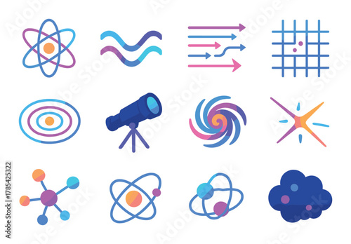 Colorful neon science icons: atoms, waves, telescope, patterns, and molecules