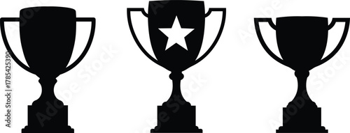 Three black silhouette trophy cups with a star on the middle one award winner