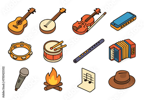 Colorful isometric musical instruments and accessories collection on brown background