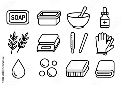 Soap and hygiene icon set: soap, leaf, scale, drop, bowl, gloves, medicine bottle