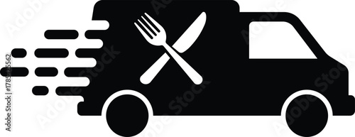 Black food delivery truck icon with crossed fork and knife delivery van food service