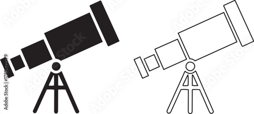 Black and white telescope icons on tripod astronomy science