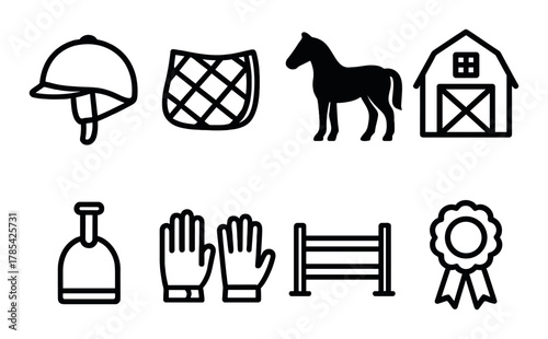 Equestrian gear icons: helmet, saddle, horse, barn, tools, gloves, fence, ribbon