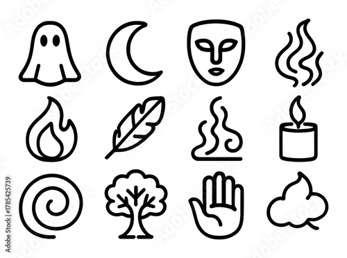 Mystical symbols: ghost, moon, mask, flames, candle, tree, cloud