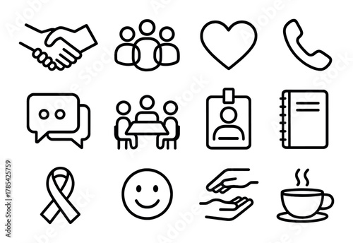 Icons of communication, love, connection, and wellness on dark background