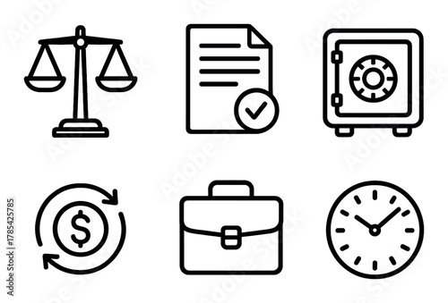 Financial security icons: scales, safe, contract, currency, briefcase, clock