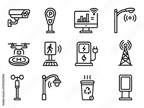 Smart city icons: surveillance, parking, data, lighting, drone, pedestrian, charging