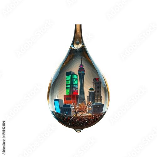a cityscape reflected inside a water droplet showing skyscrapers and urban life