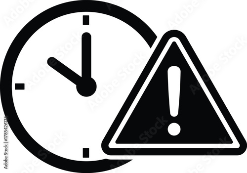 Black clock face with exclamation mark warning symbol time alert