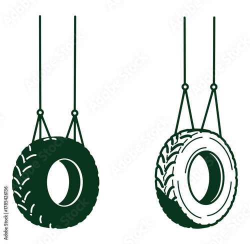 Two tire swings hanging with ropes in silhouette style against a white background