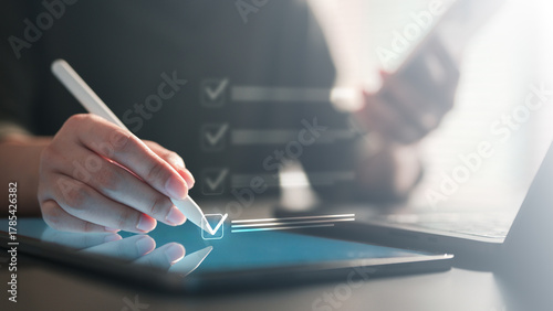 checklist, approve, mark, survey, document, Hand using stylus on digital tablet with checklist interface, representing approval, task management, and productivity tracking in business.