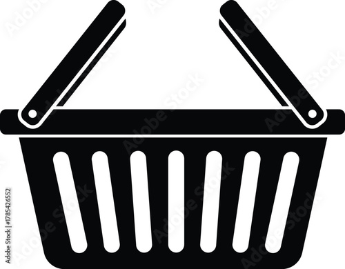 Black shopping basket icon with rounded handles and slatted sides grocery cart commerce