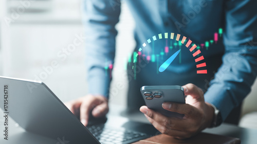 risk, volatility, market, investment, warning, alert, Businessman using smartphone with volatility gauge and stock chart overlay, symbolizing market risk, financial alert, and investment strategy.