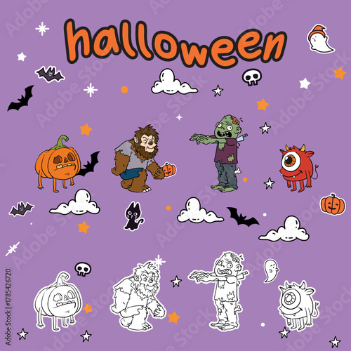 doodle cute funny cartoon monster halloween characters clip art hand drawn collection coloring comic page or book