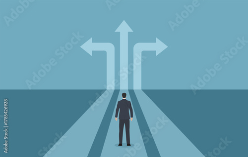 Businessman contemplating decisions, pondering multiple choices. Ideal for business concepts, decision making, uncertainty, career choices, and strategy visuals or presentations