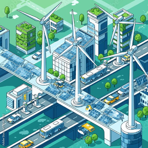 Isometric Smart Green City Illustration: Urban landscape powered by renewable energy, featuring wind turbines, solar panels, electric cars, charging stations, and sustainable architecture.