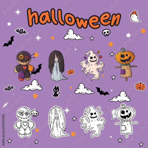doodle cute funny cartoon monster halloween characters clip art hand drawn collection coloring comic page or book