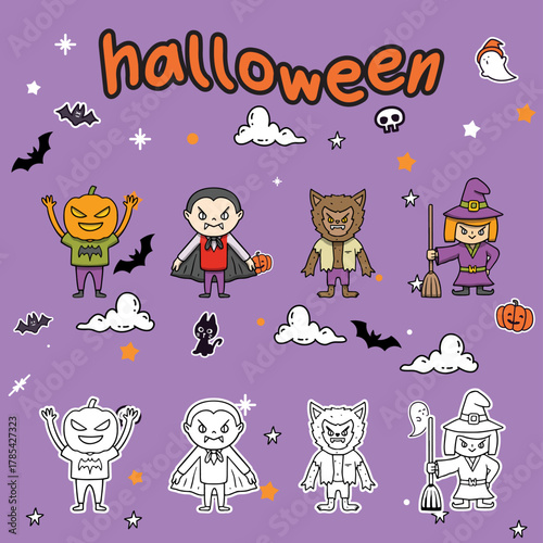 doodle cute funny cartoon monster halloween characters clip art hand drawn collection coloring comic page or book