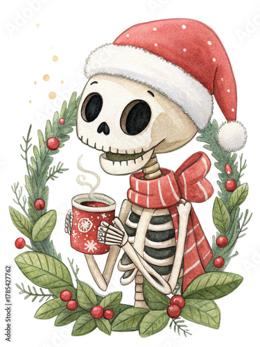 Christmas Skeleton Coffee Watercolor Illustration