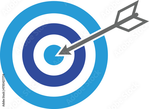 Arrow hitting bullseye on blue and white target graphic dart goal