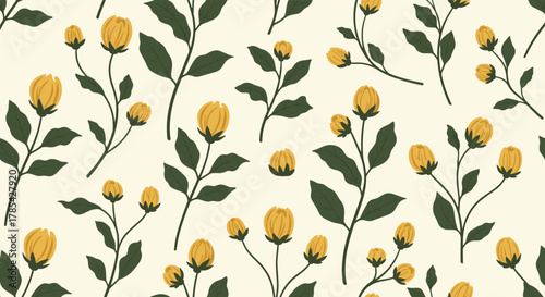 A beautiful seamless pattern featuring charming yellow floral elements and dark green leaves on a soft cream background.