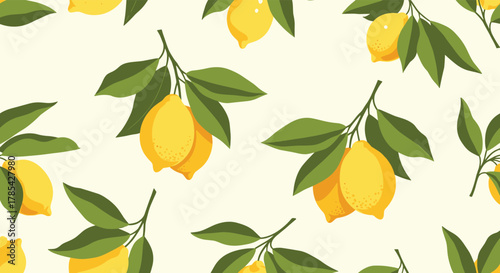 Seamless pattern featuring bright yellow lemons hanging from lush green leafy branches on a creamy background, perfect for textiles or digital design.