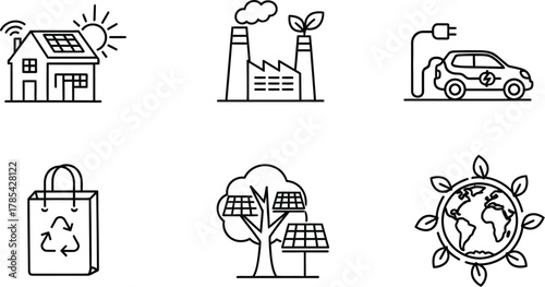 Collection of environmental icons showing a house with solar panels isolated on white background factory, electric car, bag