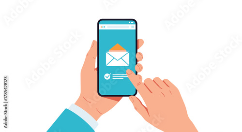 Digital communication concept with hands holding a smartphone showing an email icon and a confirmation checkmark on the screen.