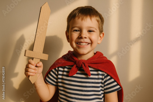 Smiling young boy wearing red cape holding cardboard sword, playful child in costume enjoying imaginative adventure indoors