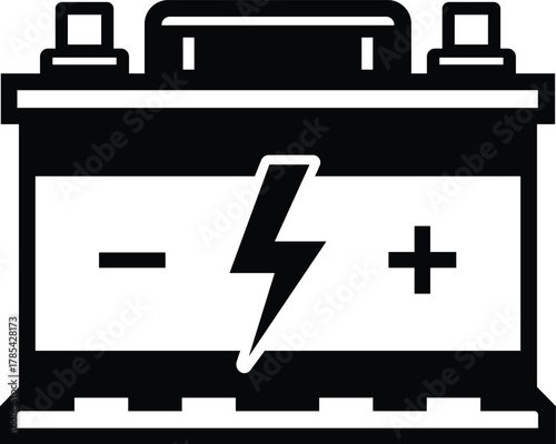 Black car battery icon with lightning bolt and plus minus symbols power energy