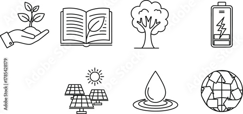 Set of ecology and environment icons isolated on white background hand holding plant, book, tree, battery, solar panel
