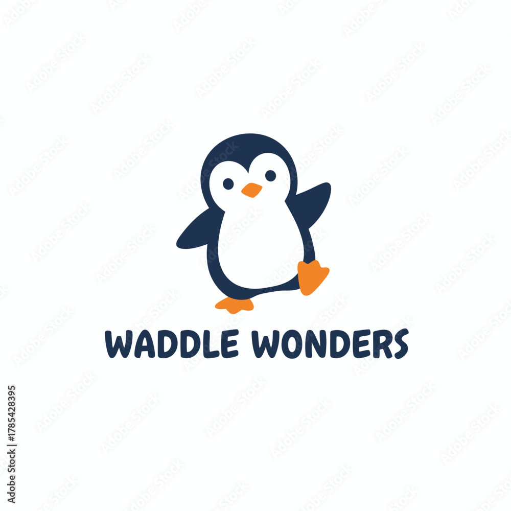 Fototapeta premium Adorable illustration featuring a cheerful cartoon penguin with dark blue, white, orange accents