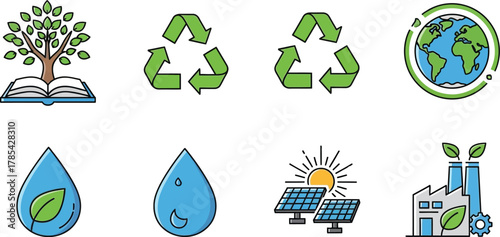 Ecology and environment icons set isolated on white background green energy, recycling, nature, and sustainability concept
