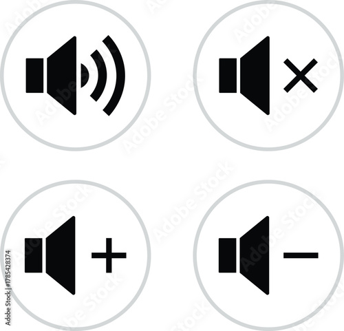 Four black speaker volume icons with sound waves mute plus and minus symbols vector