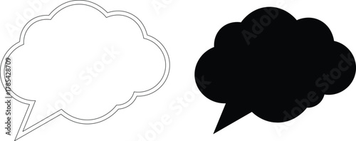 Black and white speech bubble outline and solid shape thought bubble dialogue
