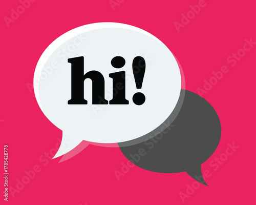 White speech bubble with black text hi and shadow on pink background greeting communication