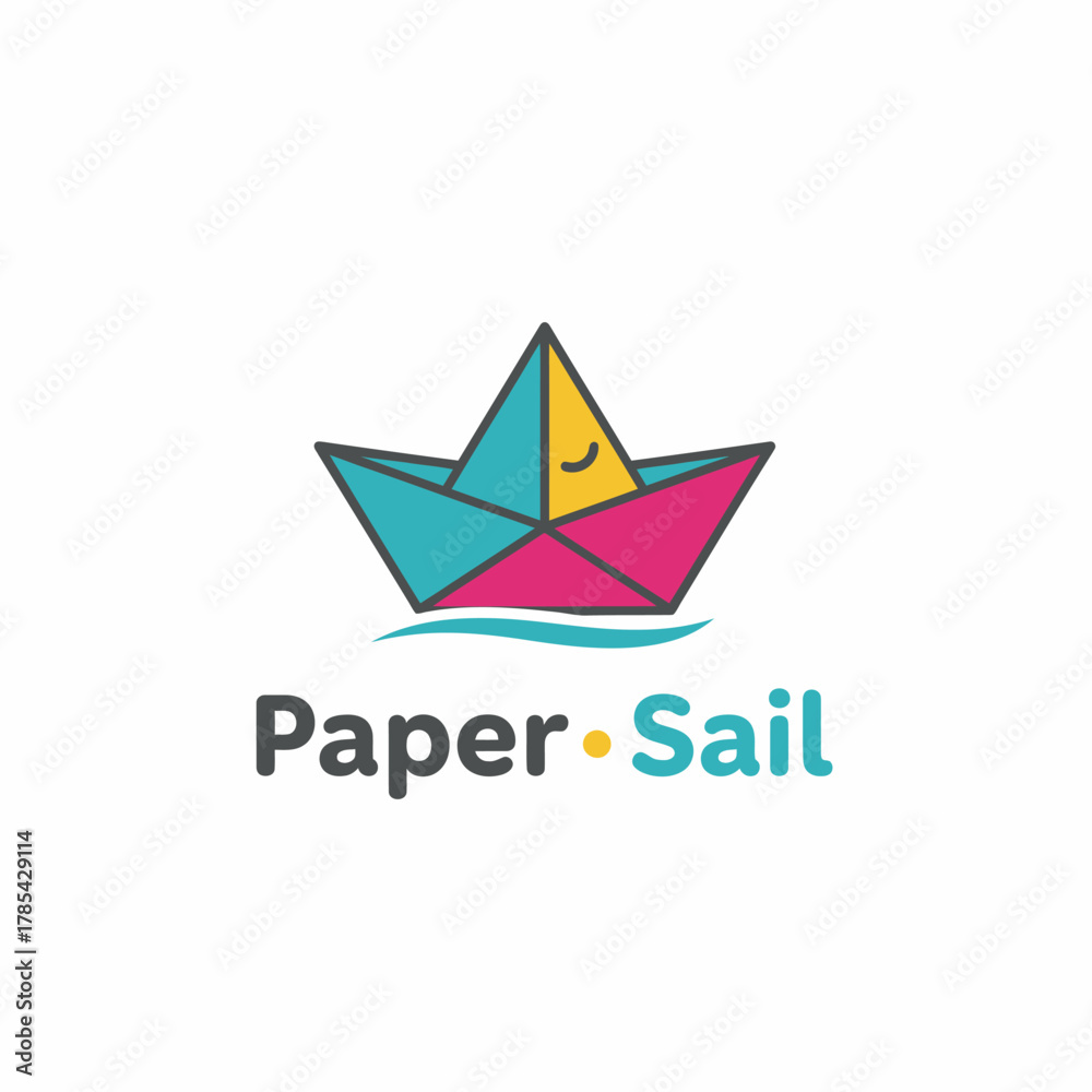 Obraz premium Colorful origami boat with a smiling face and blue water waves. Text below two words joined with a dot