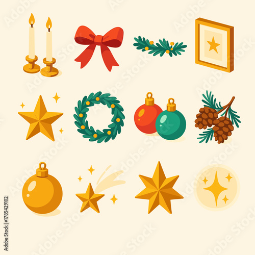 Elegant Holiday Icons. Elegant Holiday Mantel modern flat icon set: tapered candles, satin ribbon, garland greenery, pinecone cluster, glass ornaments, gold accents, star decor,