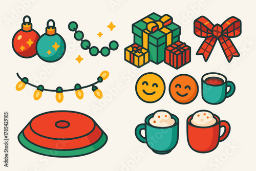 Festive Tree Trimming Icons. Joyful Tree Trimming modern flat icon set: glitter ornaments, garland, wrapped gifts, plaid bow, fairy lights, tree skirt, smiling faces, cocoa cups.