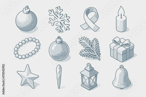 Festive Icon Collection. Christmas Silver & White Style modern flat icon set: frosted ornament, snowflake, silver ribbon, candle flame, pearl string, glass bauble, icy pine branch,