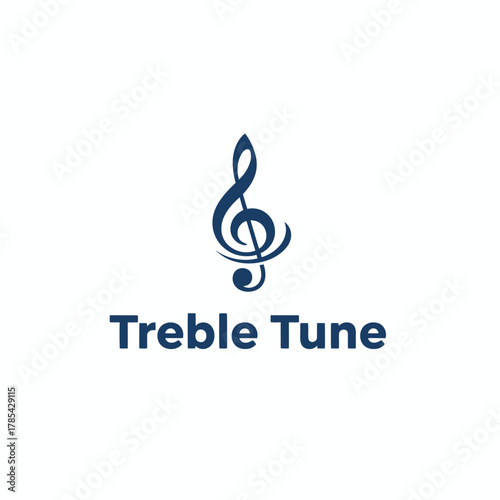 A musical logo features a treble clef icon above text in dark blue. Background is solid white