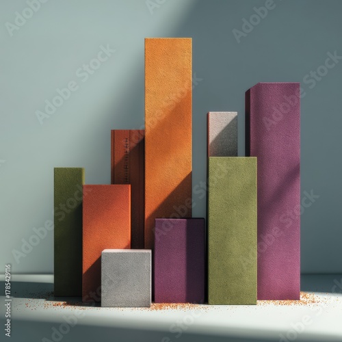 Data driven business growth concept with abstract green and purple bar chart on gradient background for analytics report and financial marketing presentation

