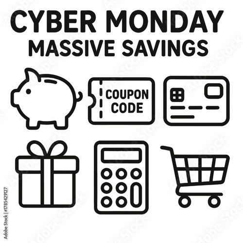 Cyber Monday Icons. Cyber Monday Massive Savings outline icon set: piggy bank, coupon code, credit card, gift ribbon, calculator, shopping cart.