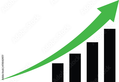 Green arrow rising over black bar graph on white background bar chart growth