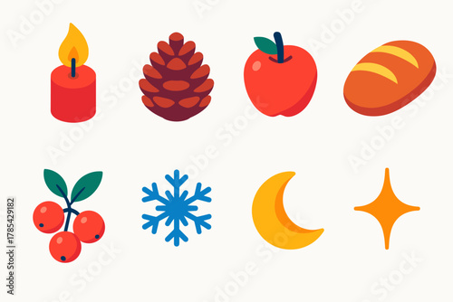Vibrant Winter Icons. Winter Offering modern flat icon set: candle flame, pinecone, apple, bread, berries, snowflake, moon, sparkle.