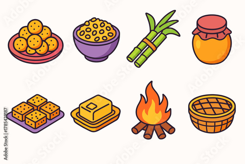 Lohri Celebration Icons. Lohri Food Celebration modern flat icon set: sweet platter, roasted grains, sugarcane bundle, honey jar, sesame treats, butter dish, bonfire glow, bamboo