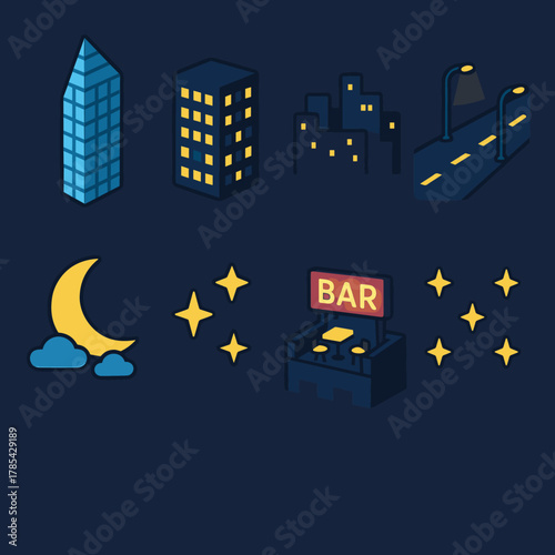Night Skyline Icons. Modern Night Skyline modern flat icon set: glass tower, office lights, city horizon, glowing street, moon, faint clouds, rooftop bar, star pattern.