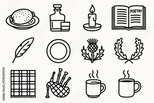Burns Night Icons. Burns Night Banquet outline icon set: haggis dish, whisky decanter, red tartan, glowing candle, poetry book, feather quill, dinner plate, thistle emblem, oak
