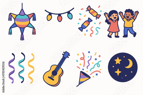 Festive Isometric Icons. Festive Street Celebration modern flat icon set: hanging piñata, string lights, candies falling, joyful kids, ribbons, guitar, confetti, night sky.